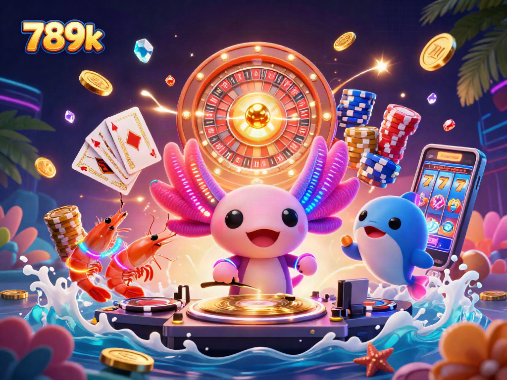 Experience the excitement of 789k with vibrant axolotl DJ and casino treasures in a dynamic 3D illustration.
