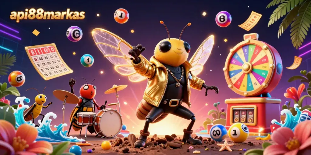 Engage with api88markas as colorful lottery balls bounce around vibrant characters in an exciting gambling scene.