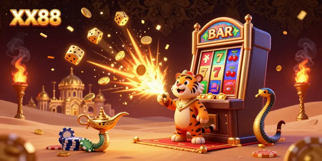 Experience the sensational world of XX88 with a cartoon sultan on a jackpot-laden flying carpet, embodying online casino excitement.