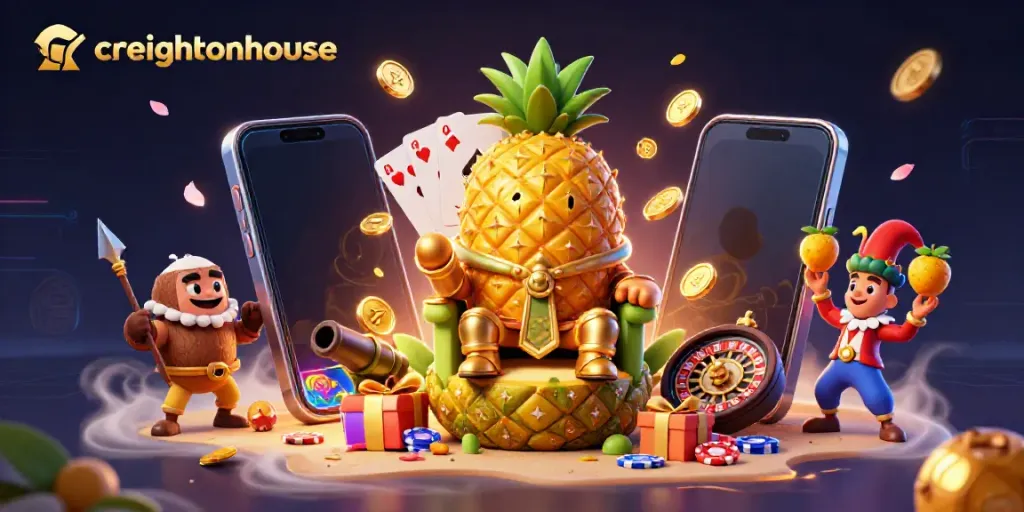 Engage with the lively scene of creightonhouse featuring vibrant characters and colorful casino elements.