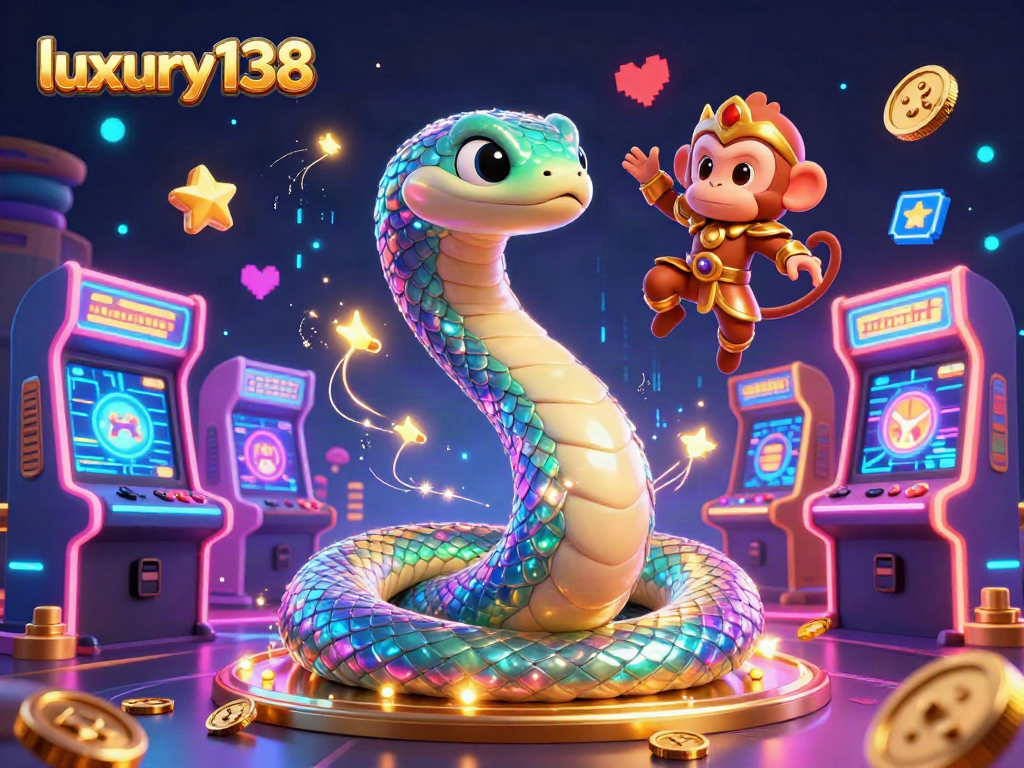 Permainan kasino seru di luxury138: ular pelangi berkilau dan raja monyet bersenjatakan mesin permainan.