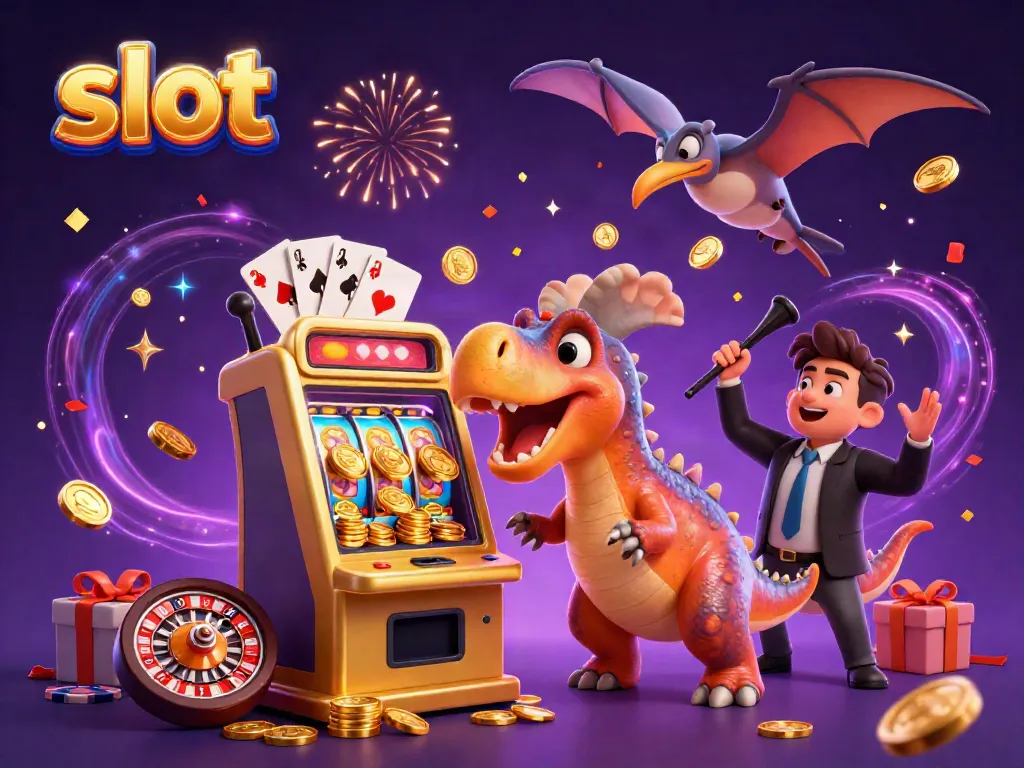 Experience the excitement of slot machines with dinosaurs and coins in a vibrant casino scene