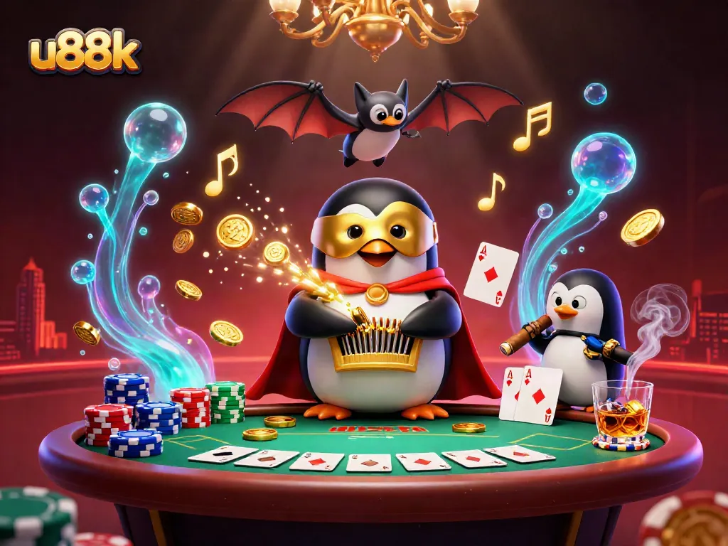 Experience exciting gameplay at u88k with a vivid casino setting featuring a whimsical penguin, poker elements, and vibrant colors.