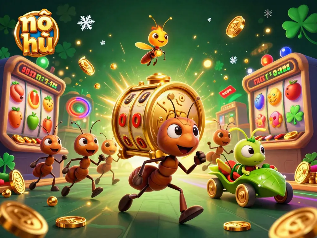 Nổ hũ: A team of ants embarks on a heist, carrying a colossal golden slot reel in a lively casino tunnel.