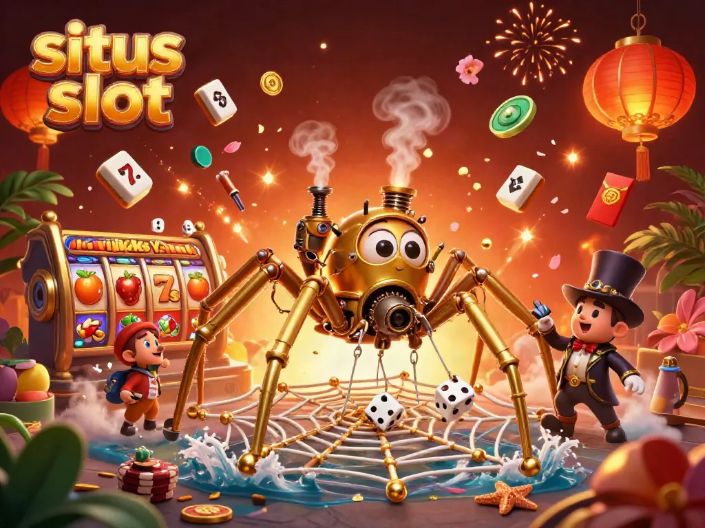 Ilustrasi 3D situs slot menampilkan laba-laba steampunk dan simbol permainan yang berkilauan.