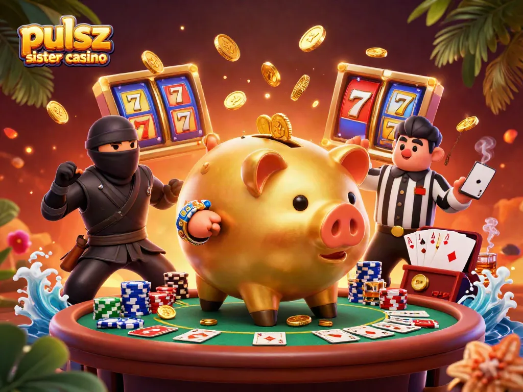 Experience thrills at pulsz sister casino with golden coins and vibrant gaming elements in this illustrated scene.