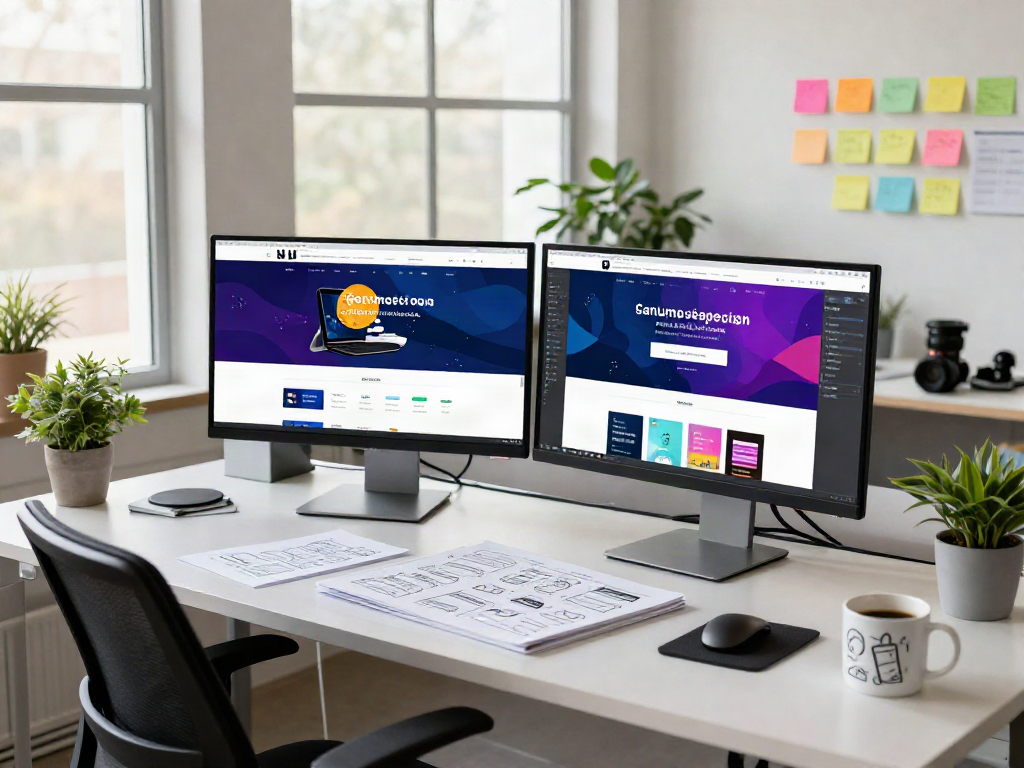 Web design workspace at Sanumwebdesign featuring designer at dual monitors creating vibrant website mockups.