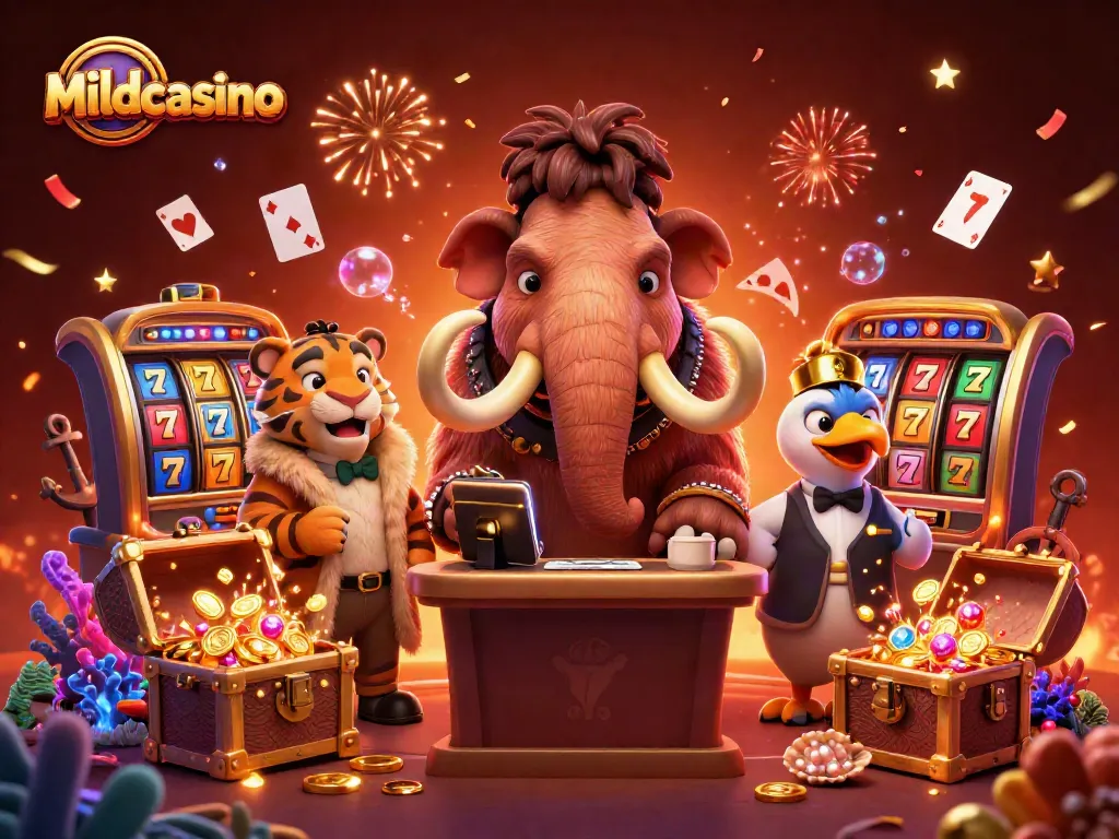 Mildcasino features a lively 3D casino scene with a mammoth bouncer and a saber-tooth tiger guest.