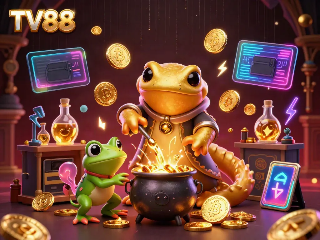 Experience the immersive gaming world of TV88 with an alchemist transforming metals into gold amidst digital cryptocurrency.