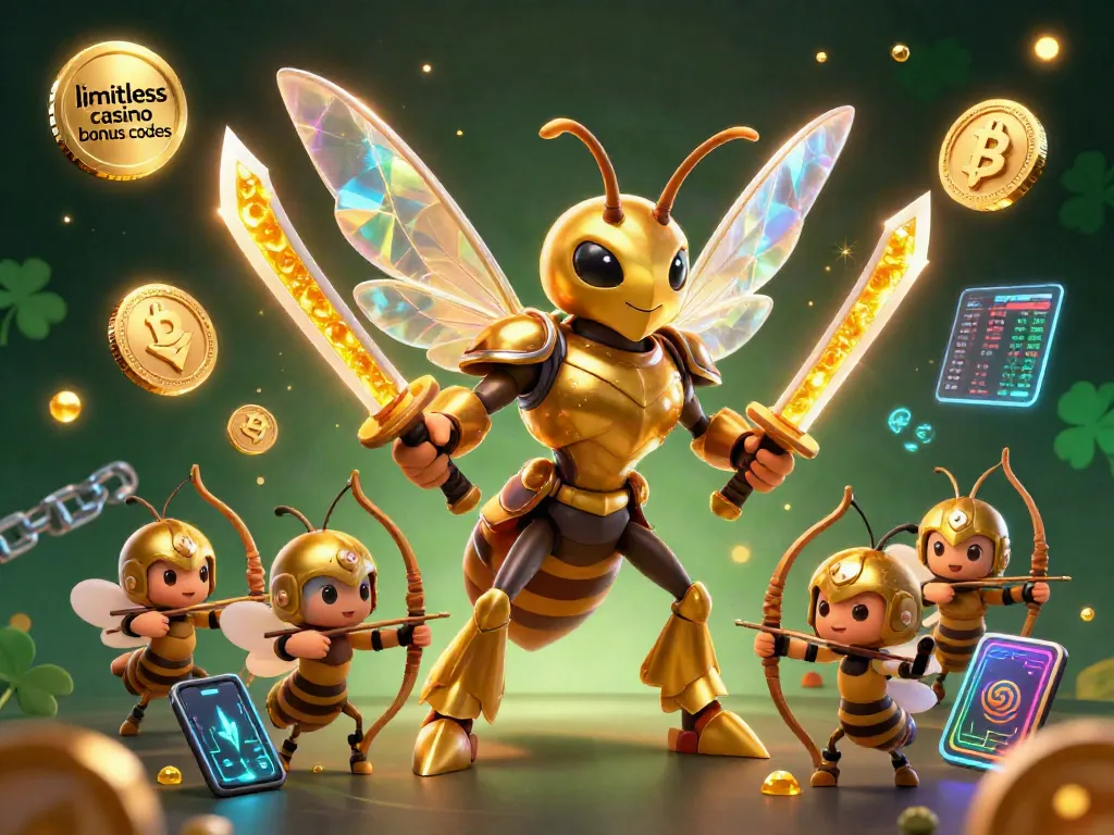 Engage with limitless casino bonus codes using a 3D illustration featuring a golden hornet samurai and crypto elements.