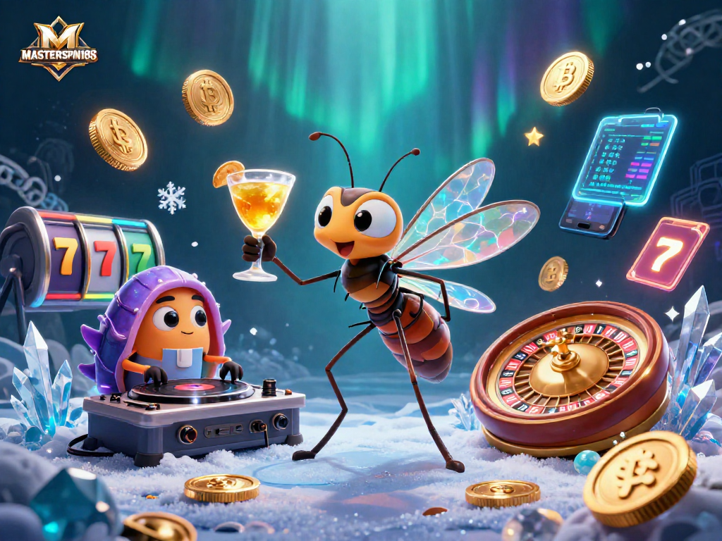 Win big with MASTERSPIN188 as a vibrant 3D illustration showcases casino excitement and characters.
