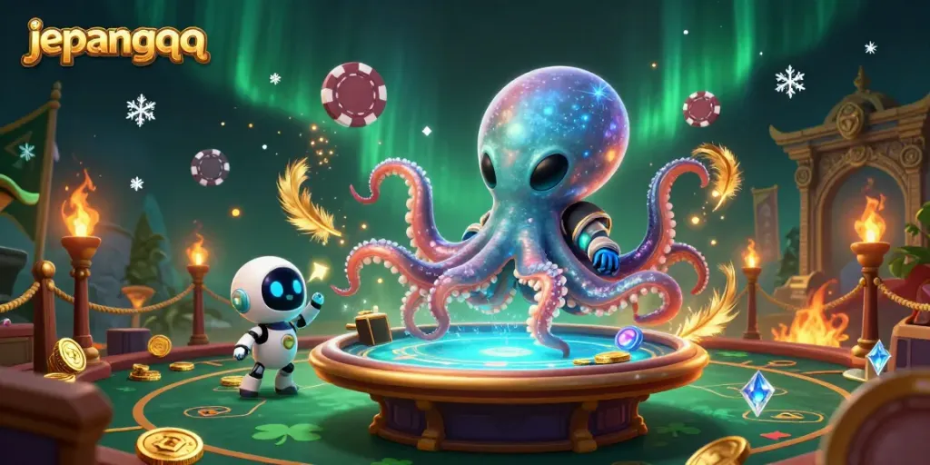 Jepangqq menggambarkan alien gurita bermain poker pada meja holografis di luar angkasa.