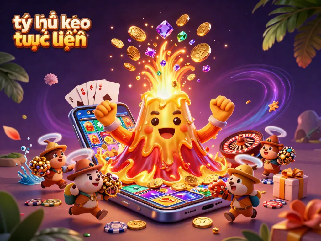 Engaging illustration depicting tỷ lệ kèo trực tuyến with a golden volcano and treasure-fleeing animals in a vibrant casino scene