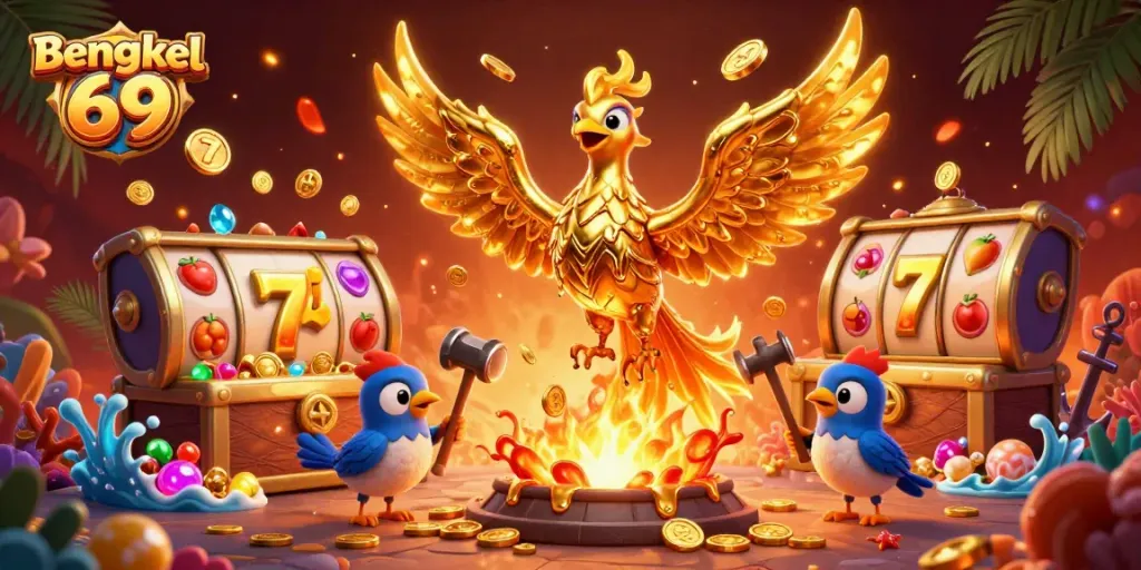 Bengkel 69 showcases a captivating casino scene with a golden phoenix, slot reels, and treasures.