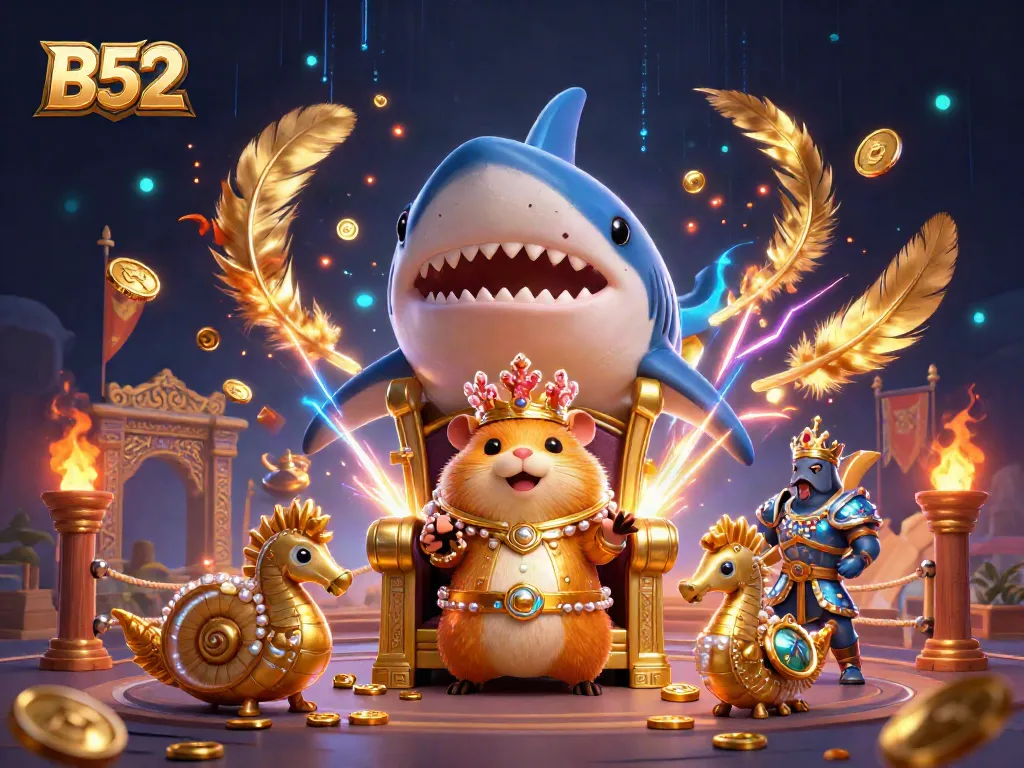 B52 offers thrilling betting action with a fierce hamster king and seahorse guards amidst a vibrant, dynamic casino arena.