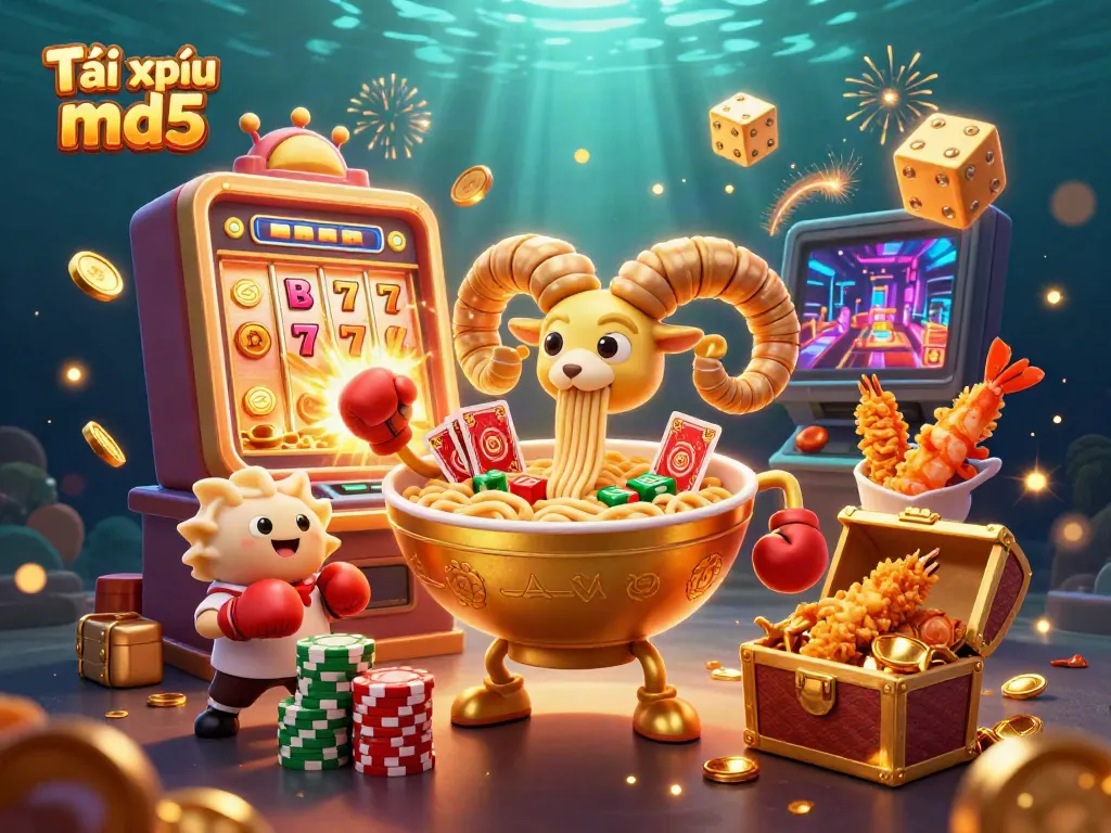 Engage in Tài xỉu md5 with a dynamic casino scene featuring vibrant characters and exciting game elements.
