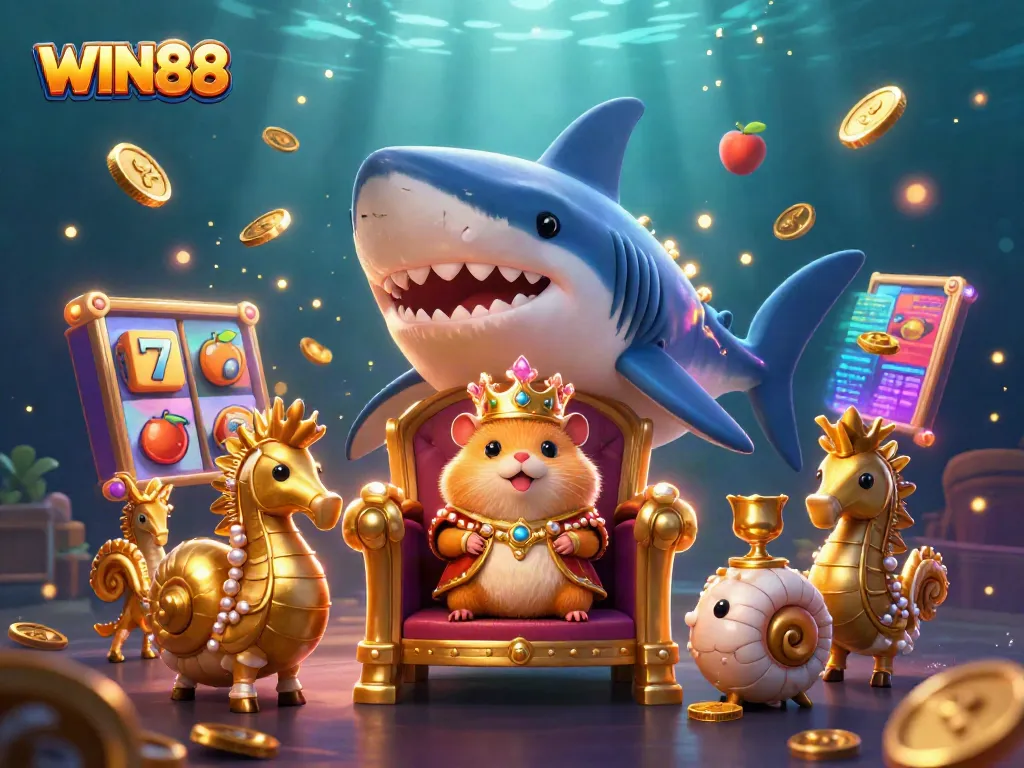 Engage with WIN88's vibrant online casino world, showcasing a golden hamster king and exciting slot elements.