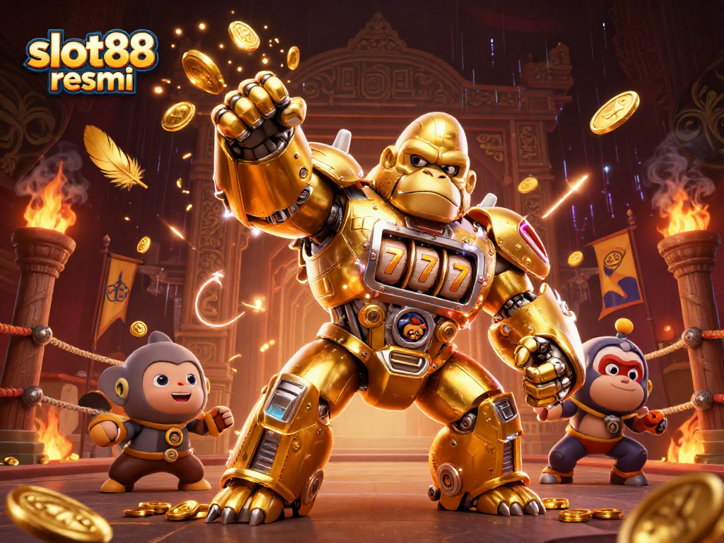 Experience excitement at slot88 resmi with a golden gorilla mech and scatter symbols!