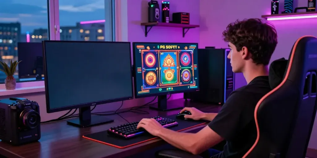Gamer enjoying slot games on dual monitors featuring PG SOFT titles in a colorful gaming room.