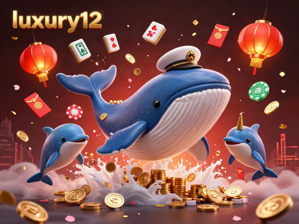 Engage with luxury12’s playful casino scene featuring vibrant whales and dolphins amidst floating mahjong tiles and golden coins.