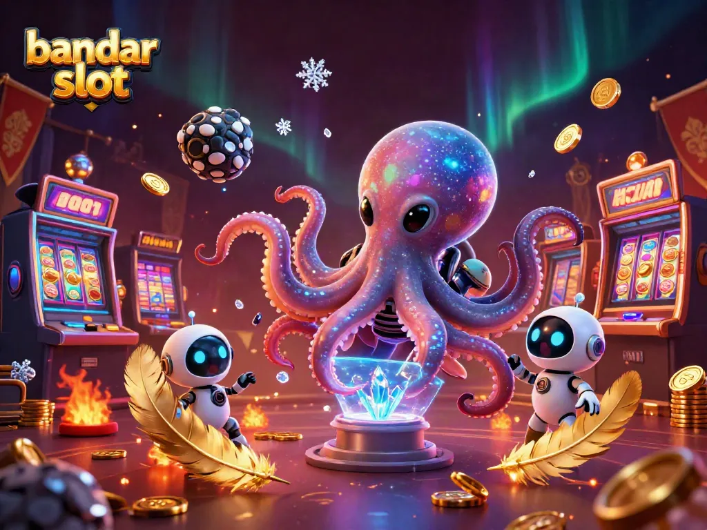 Rasakan sensasi bandar slot dengan alien gurita dan robot di kasino virtual penuh warna.