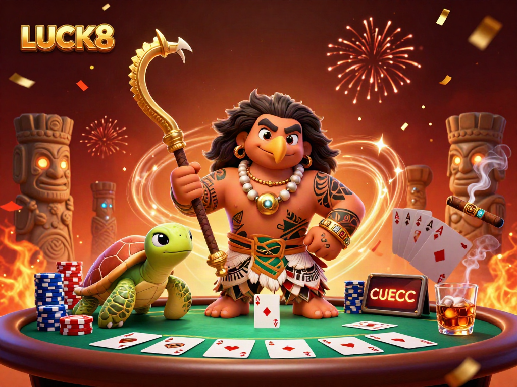 LUCK8 tạo cảm giác hội tụ tại bàn poker với hình ảnh thần demigod và rùa dễ thương.