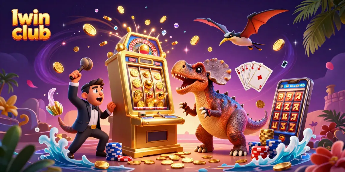 Iwin club brings excitement as a pachycephalosaurus jackpots at a slot machine, amid coins and casino elements.