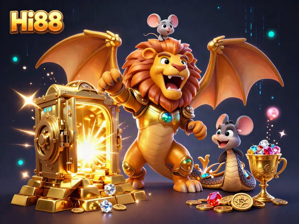 Hi88 players revel in big wins with golden treasures and dynamic casino action in this thrilling illustration.
