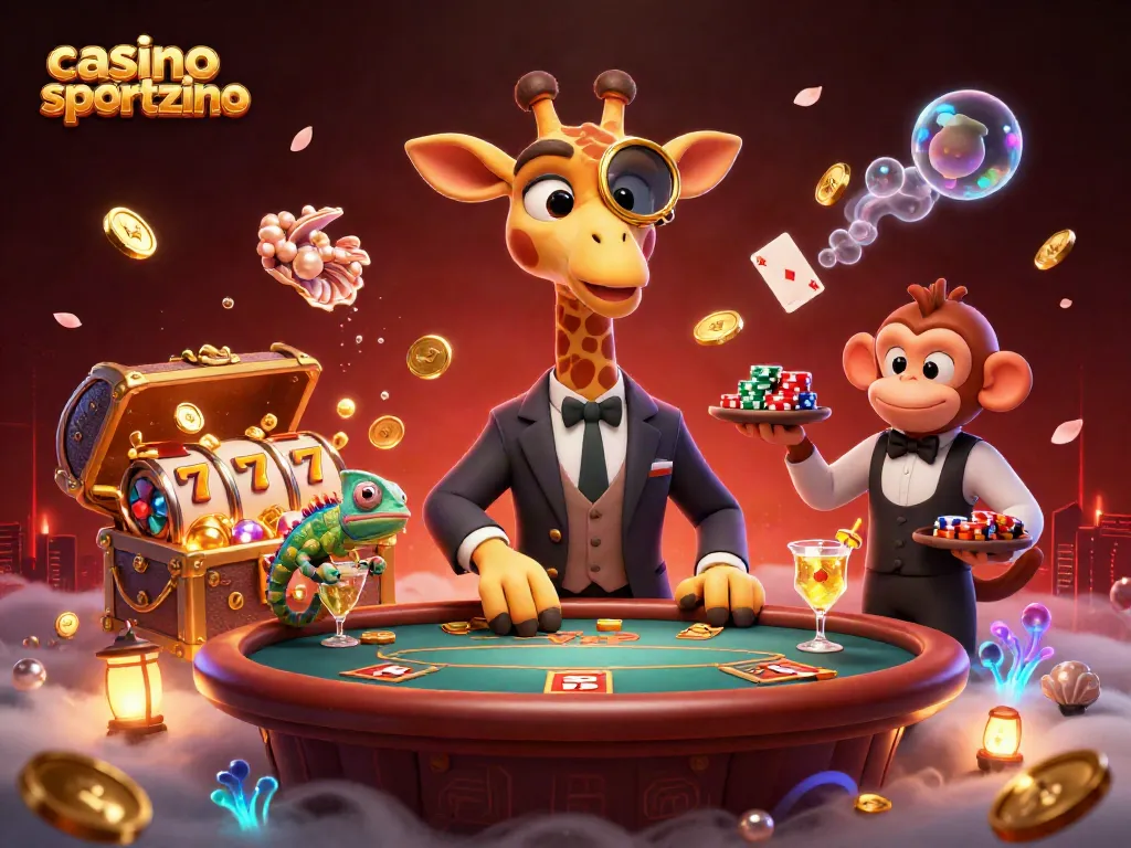 Experience the thrill at a casino like Sportzino with a high-roller giraffe and vibrant gaming elements.
