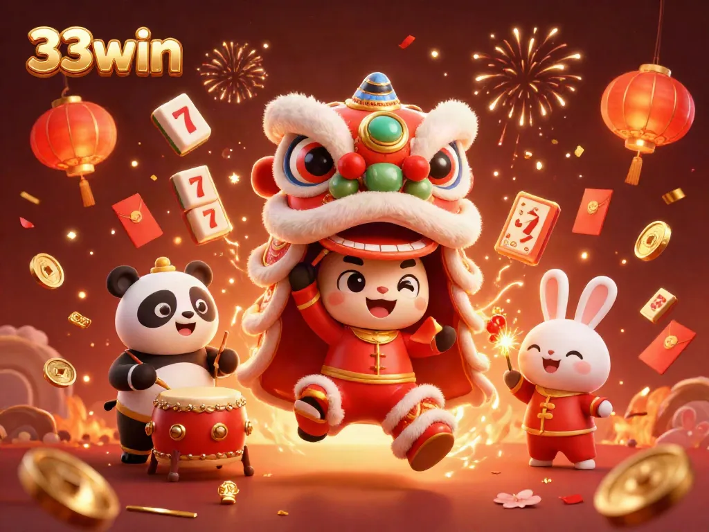 Engage with 33win's vibrant slot gaming experience featuring a joyful lion dance and lucky symbols.
