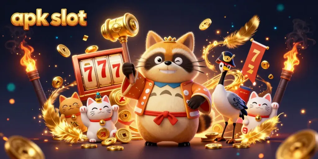 Spin the reels with apk slot in a vibrant casino scene featuring lucky tanuki and maneki-neko