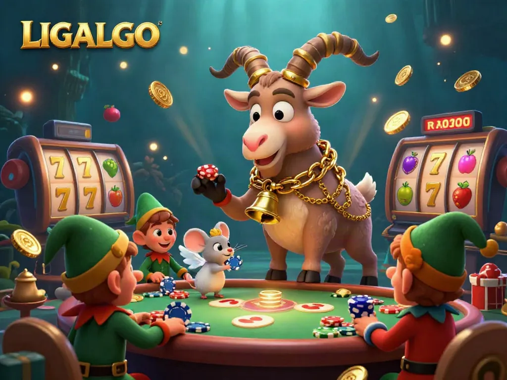 LIGALGO holiday-horror casino scene featuring Krampus, angel mouse, and gremlins stealing chips