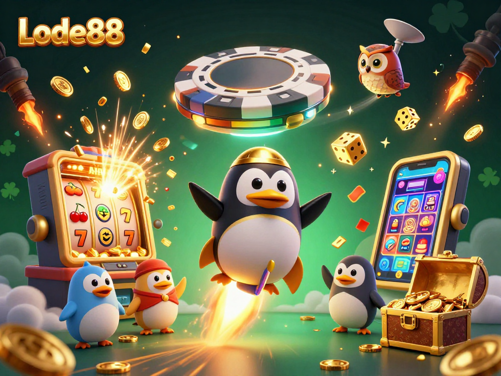 Lode88 offers thrilling gaming with a rocket-powered penguin and vibrant casino elements.