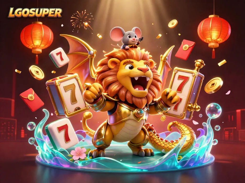 Experience thrilling wins with LGOSUPER in a vibrant 3D casino illustration featuring animated slot elements.