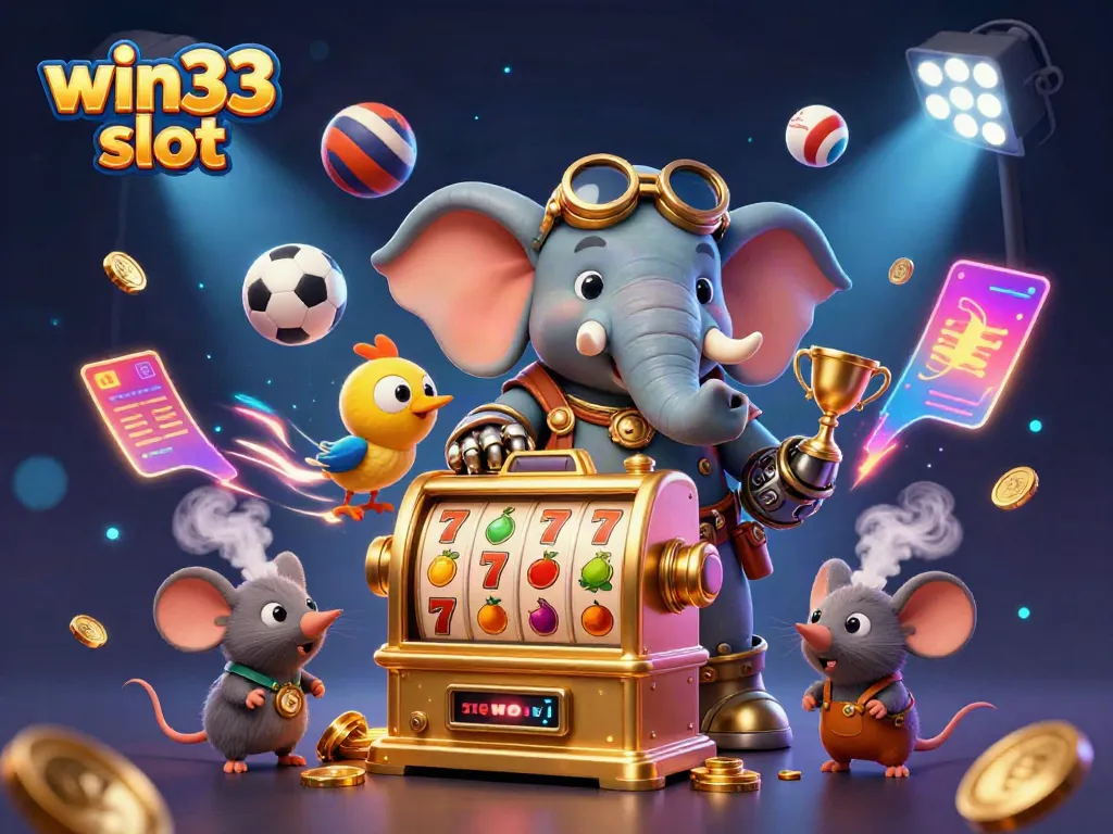 Create winning strategies with win33 slot while enjoying a vibrant casino-themed 3D scene featuring a steampunk elephant engineer.