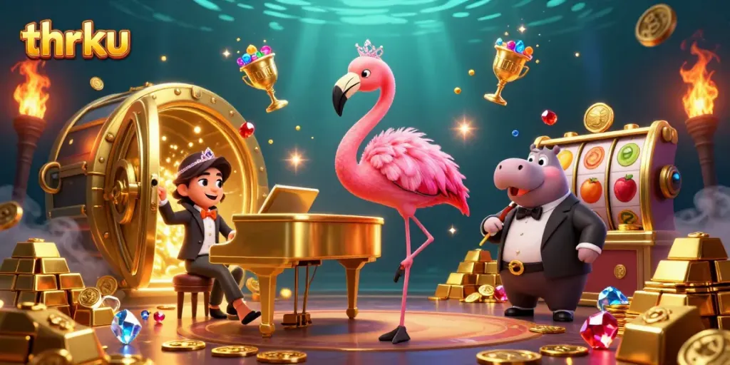 Immerse in the thrilling world of thrku with vibrant casino action and sparkling treasures around lively characters.