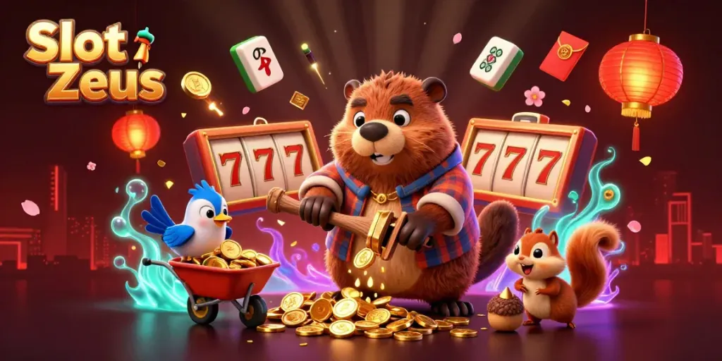 Slot Zeus menampilkan karakter lusuh yang mengumpulkan koin emas sambil bermain slot dengan simbol beruntung di sekitarnya.