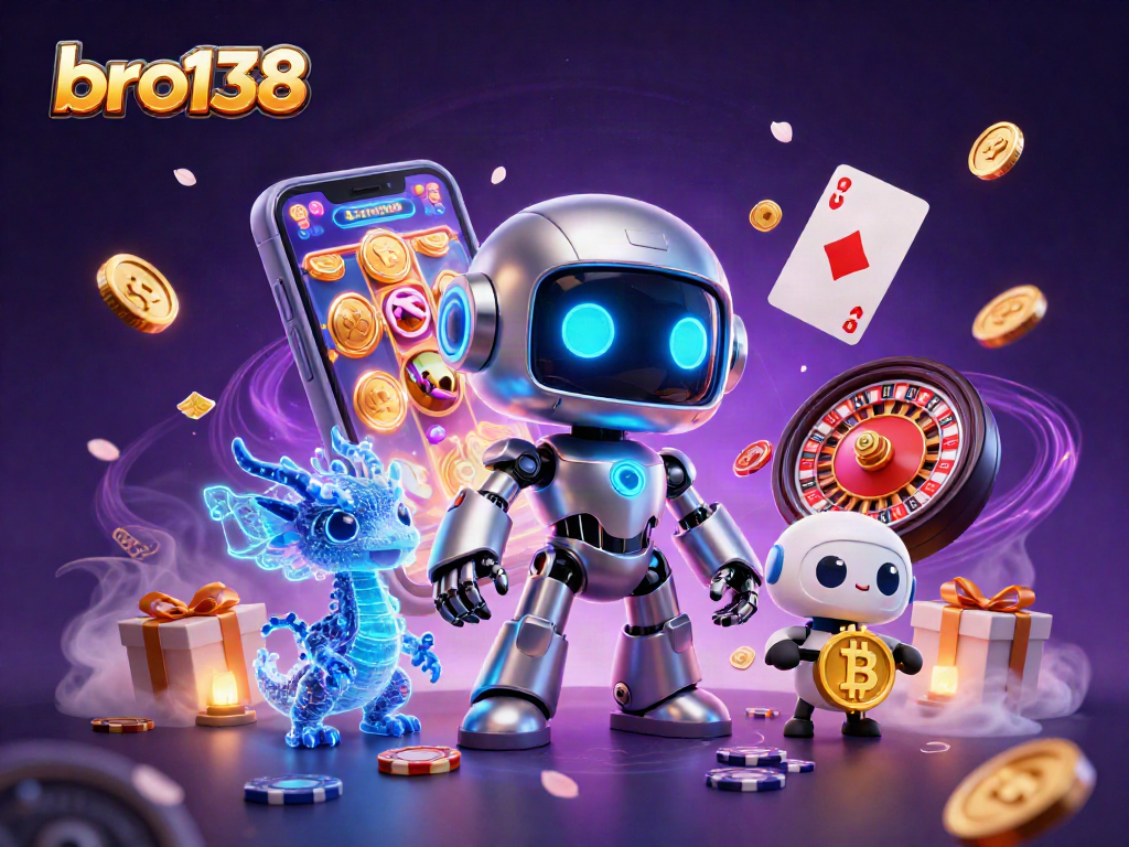Engage with bro138 through thrilling 3D casino adventures featuring a cyberpunk robot and AI dragon.