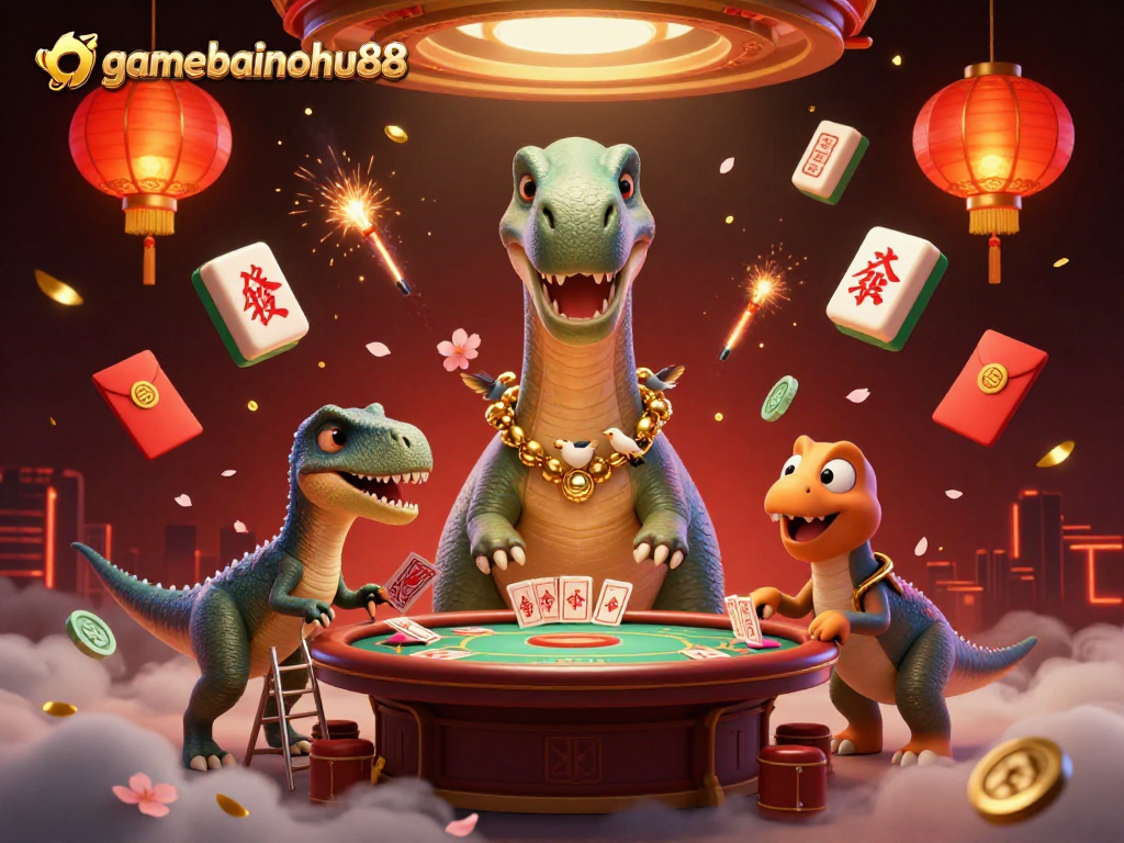 Engage in thrilling gameplay at gamebainohu88 with a dynamic casino scene featuring a grand brontosaurus and clever raptor.