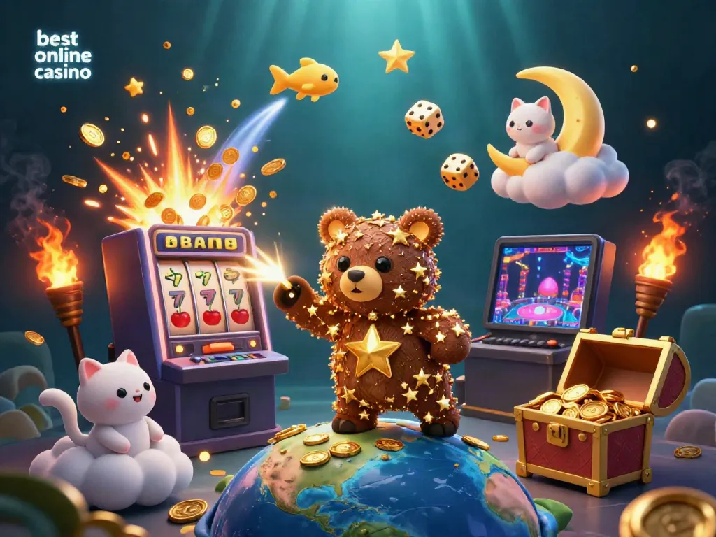 Explore the best online casino in a vibrant 3D illustration with a constellation bear and a jackpot explosion.