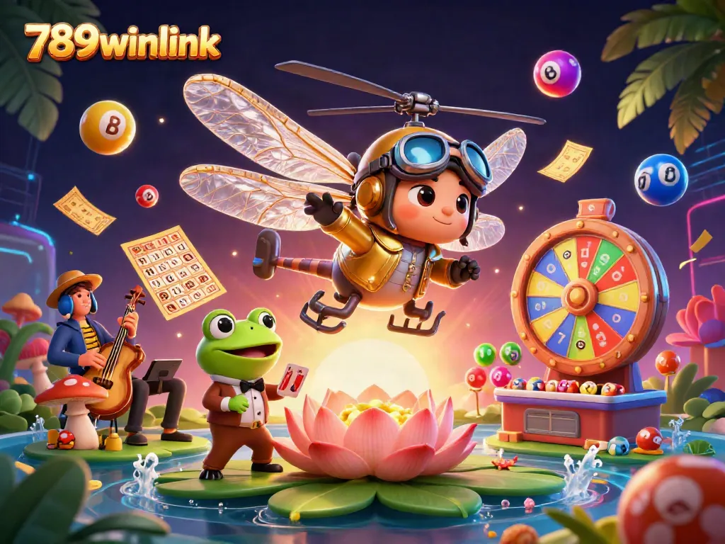 Engage with 789winlink as the cartoon dragonfly pilot hovers over a vibrant lily pad casino environment.