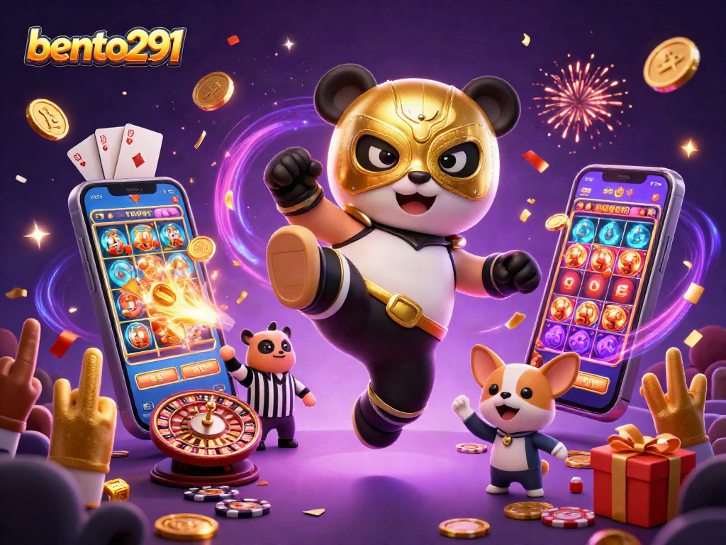 bento291 ignites excitement with a lively panda wrestler surrounded by slot games and cheering fans.