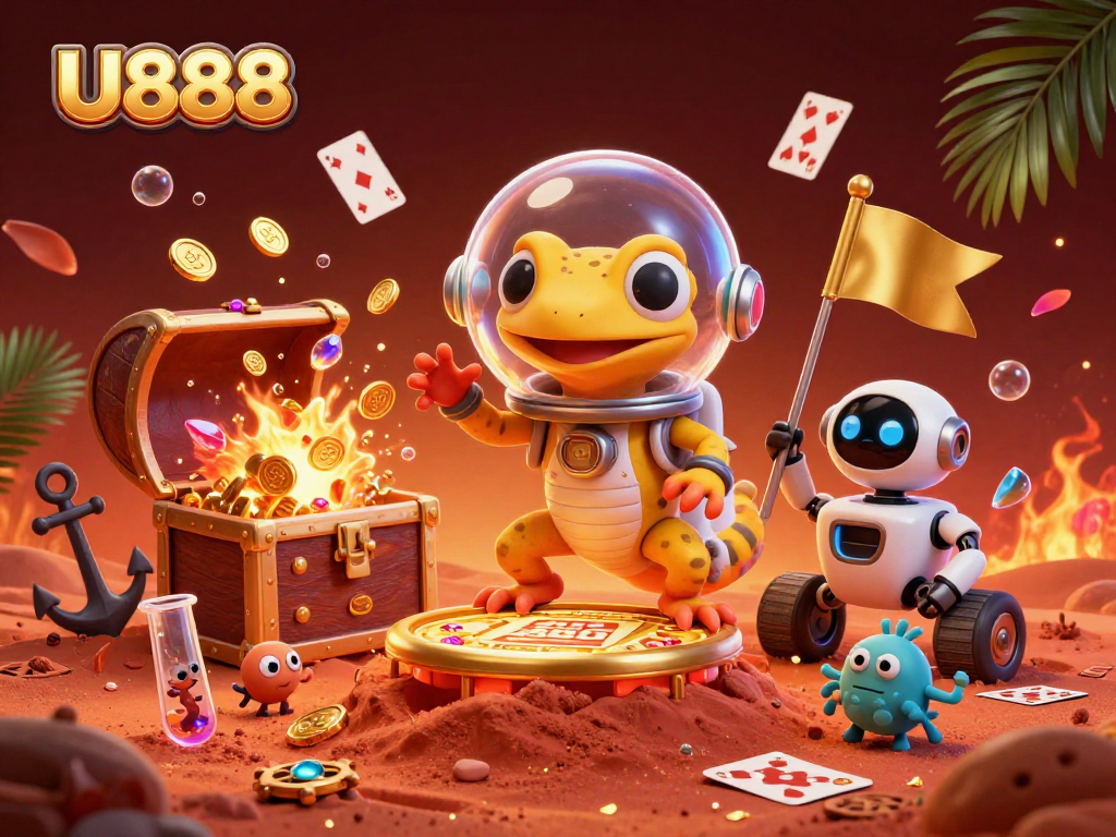 U888's Martian gecko discovers a golden casino in a dynamic, immersive 3D scene filled with excitement.