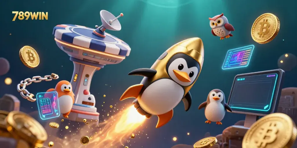 Spin the reels with 789WIN as the golden penguin shoots for jackpots amid vibrant cryptocurrencies.