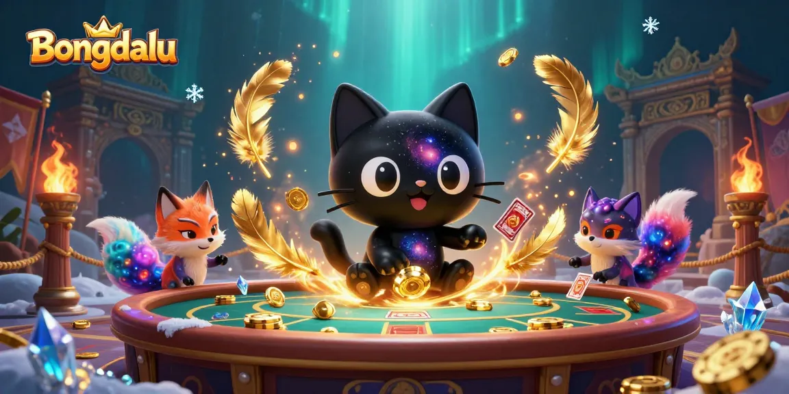 Bongdalu cat attracts golden chips at a cosmic casino table, enhancing the gambling experience.