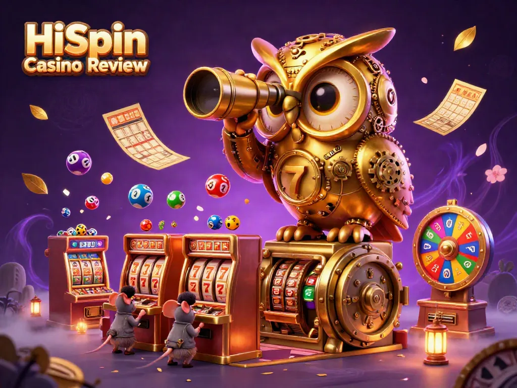Engaging scene showcasing the vibrant HiSpin Casino Review with a golden owl and jackpot elements, immersing players.