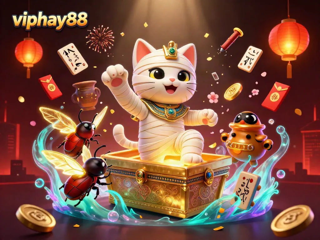 Escape into the thrilling world of viphay88 featuring an Egyptian mummy cat bursting from a sarcophagus in a vibrant casino setting.