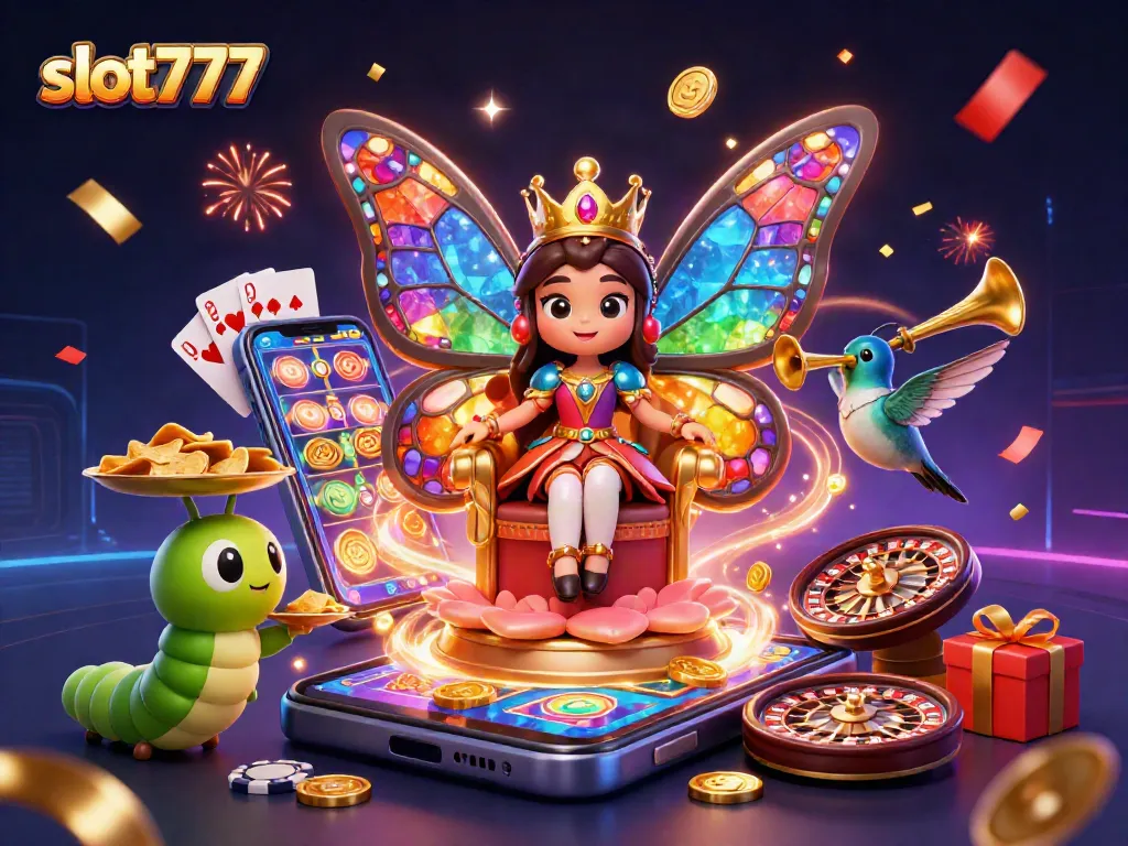 Slot777 menghadirkan ilustrasi menarik dengan ratu kupu-kupu dan simbol permainan slot yang berkilauan.