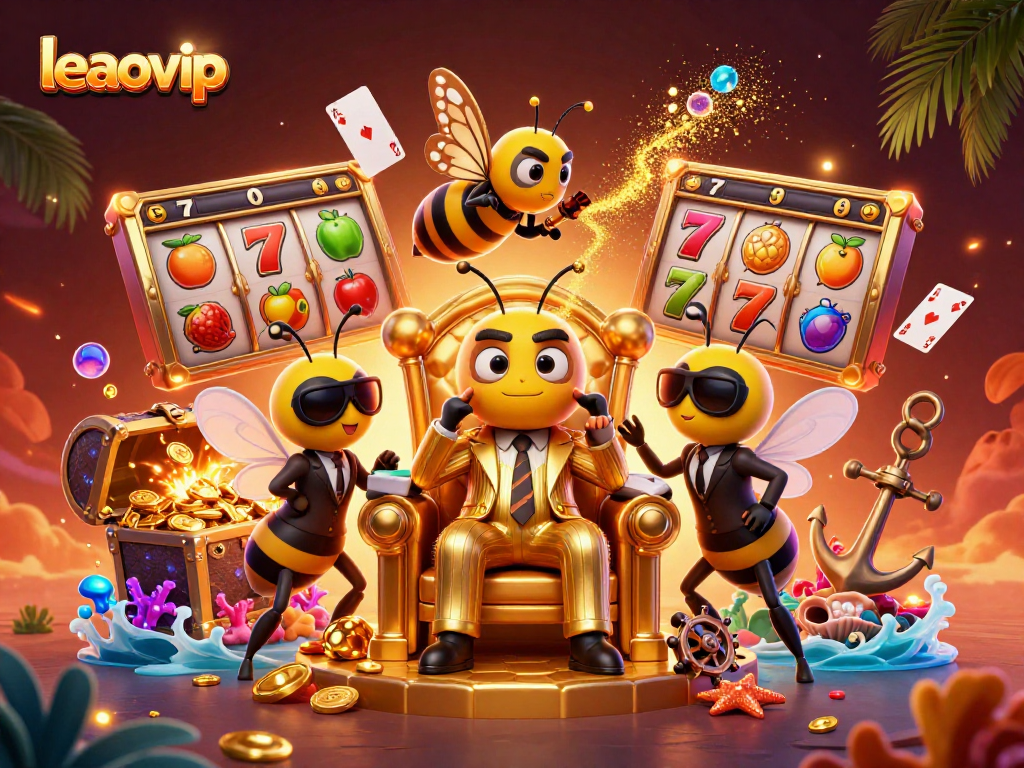 Experience thrilling gaming at leaovip, where a cartoon bumblebee mob boss oversees slot jackpots and treasures.
