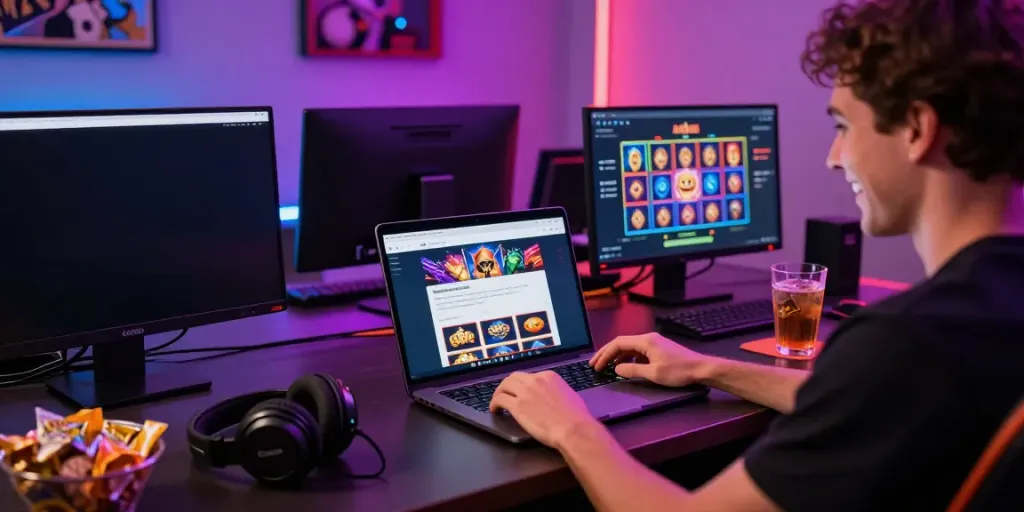 A80 slot information platform displayed on a laptop, with a user enjoying gaming in a modern setup.